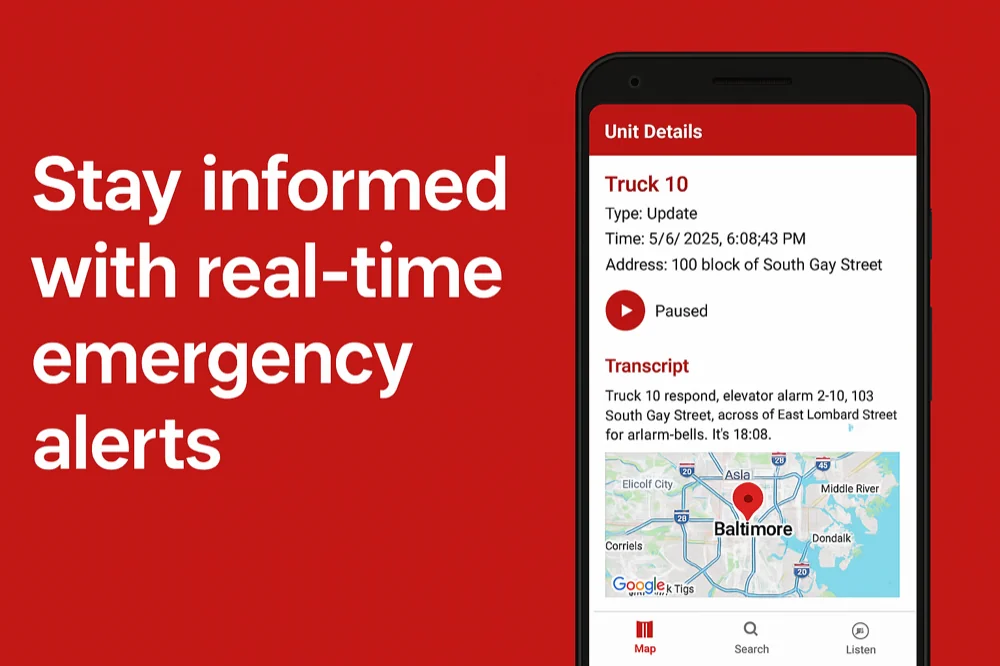 Baltimore Fire Alerts app showing a live incident with units, transcript, and map